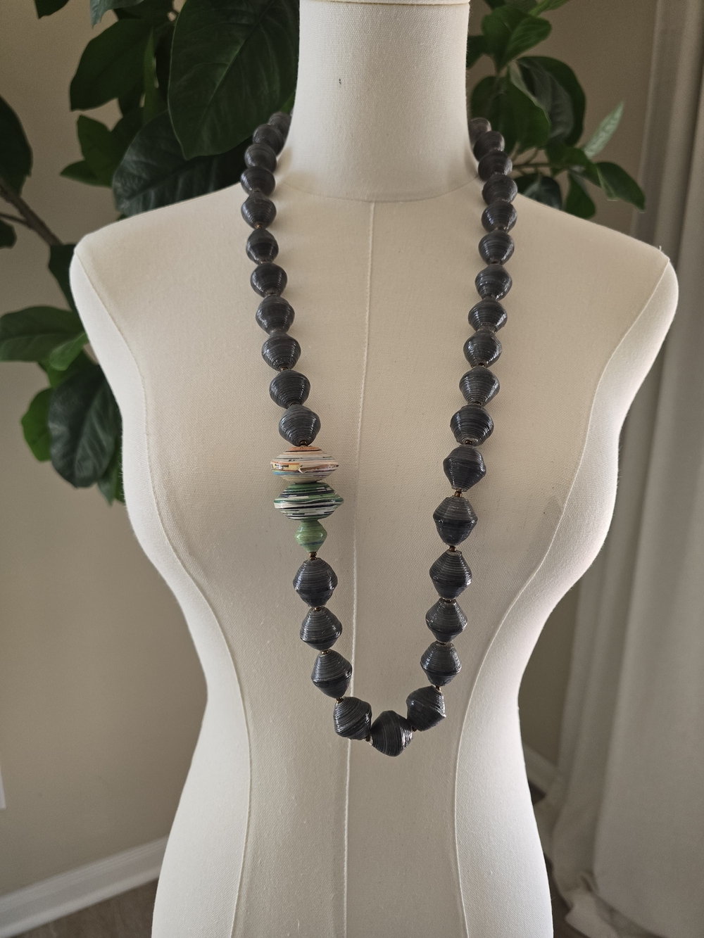 Handmade Gray Beaded Necklace with Green Accent